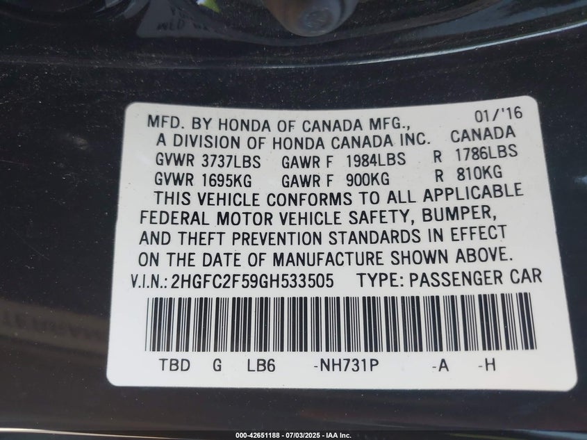 2016 HONDA CIVIC LX - 2HGFC2F59GH533505