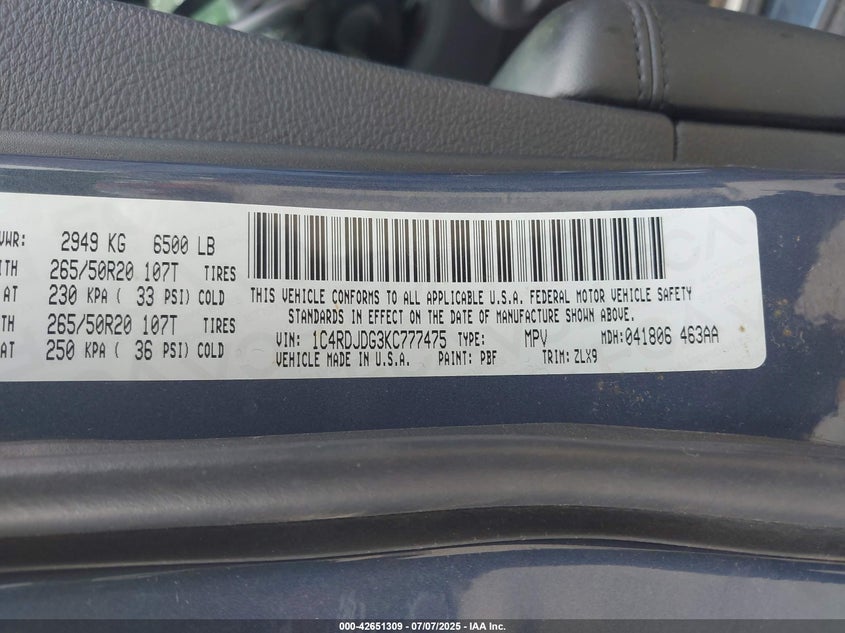 2019 DODGE DURANGO GT - 1C4RDJDG3KC777475