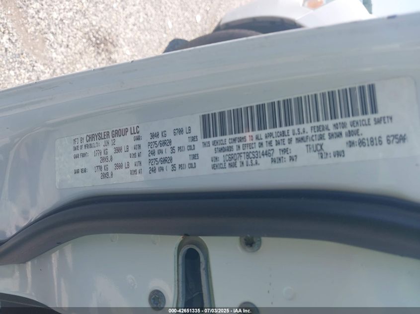 2012 Ram 1500 St VIN: 1C6RD7FT8CS314467 Lot: 42651335