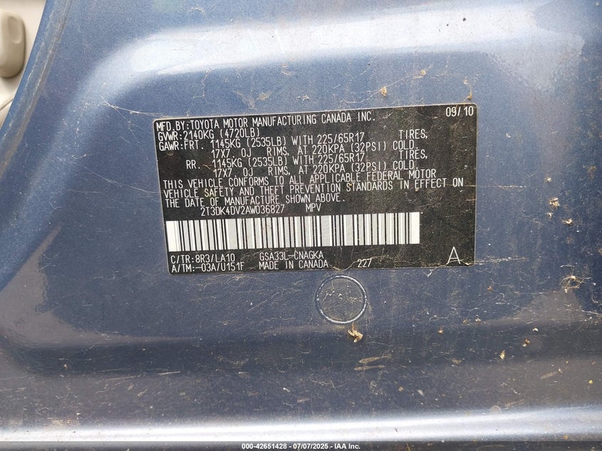 2010 TOYOTA RAV4 VIN: 2T3DK4DV2AW036827