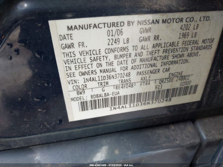 2006 Nissan Altima 2.5 S VIN: 1N4AL11D36N370248 Lot: 42651489
