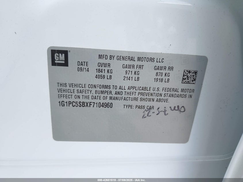 2015 CHEVROLET CRUZE VIN: 1G1PC5SBXF7104960