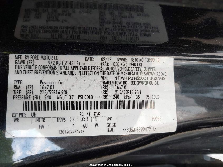 2012 Ford Focus Sel VIN: 1FAHP3H2XCL363162 Lot: 42651619