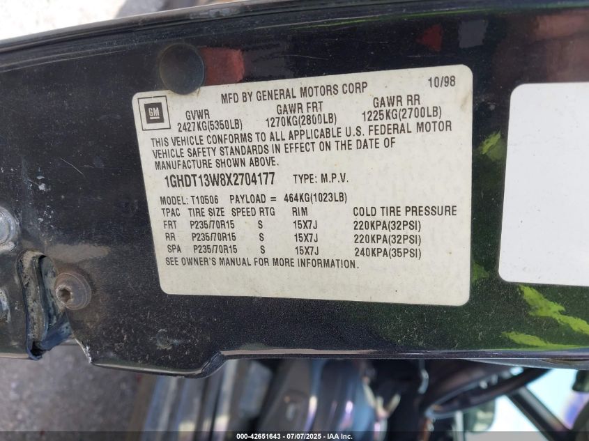 1999 Oldsmobile Bravada VIN: 1GHDT13W8X2704177 Lot: 42651643