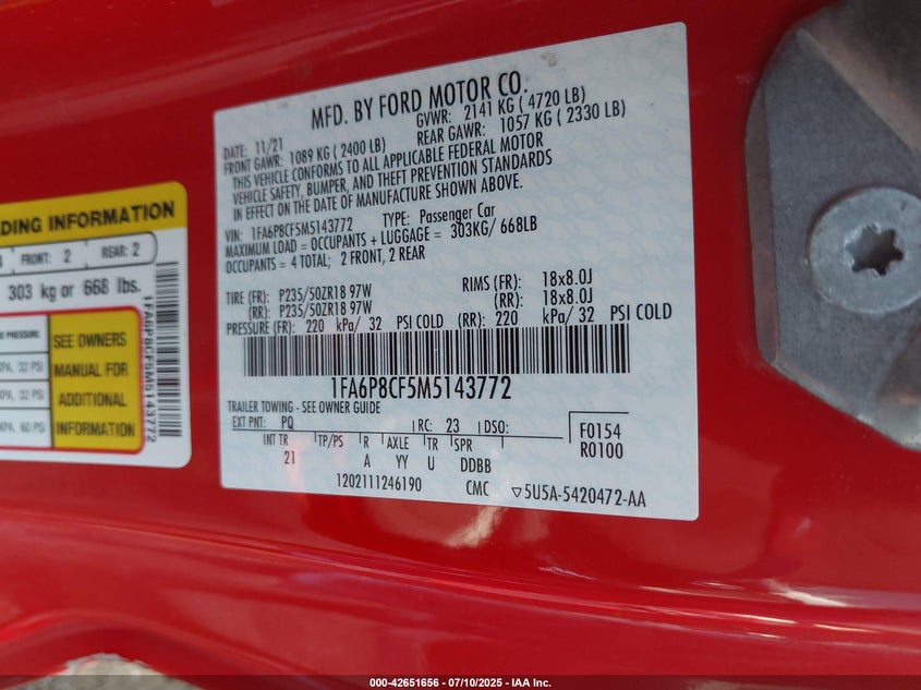 2021 FORD MUSTANG GT FASTBACK - 1FA6P8CF5M5143772