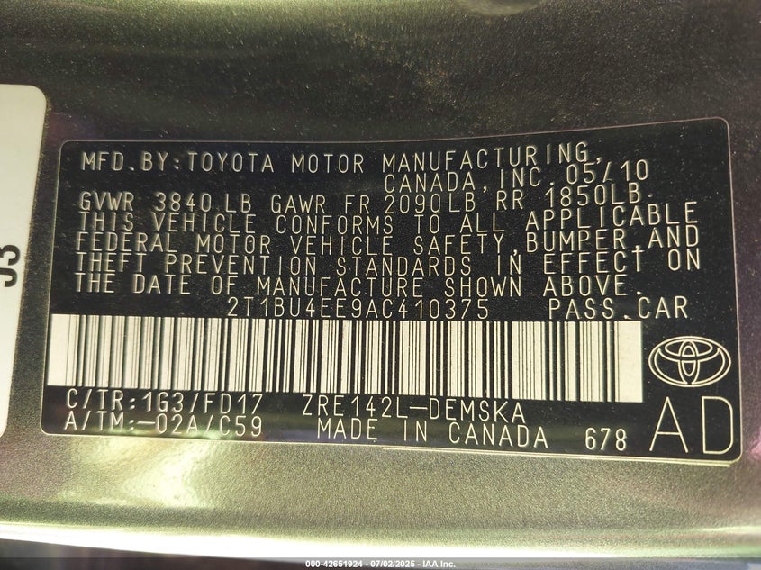 2010 TOYOTA COROLLA VIN: 2T1BU4EE9AC410375