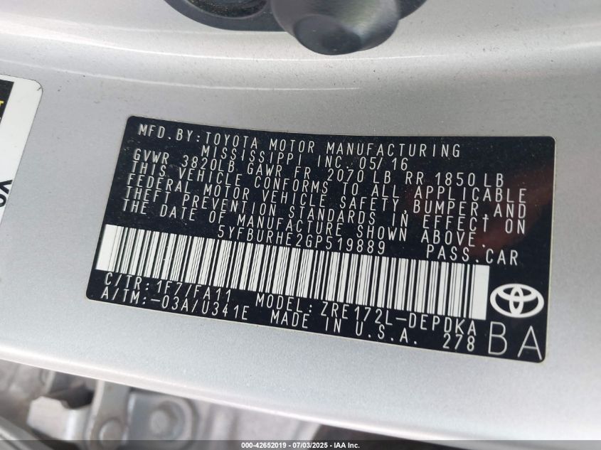 2016 Toyota Corolla L VIN: 5YFBURHE2GP519889 Lot: 42652019