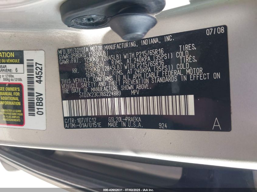 2008 Toyota Sienna Le VIN: 5TDZK23C38S224889 Lot: 42652031