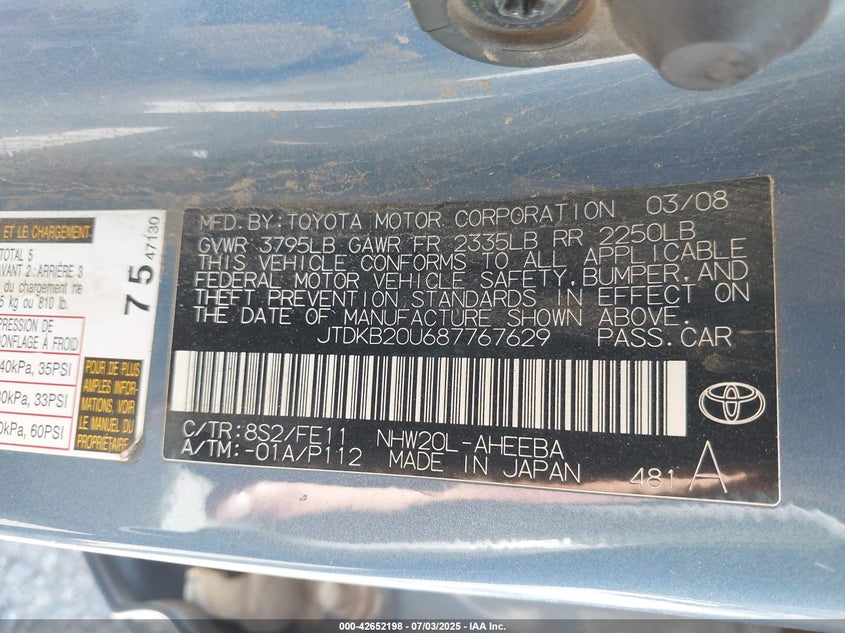 2008 TOYOTA PRIUS VIN: JTDKB20U687767629