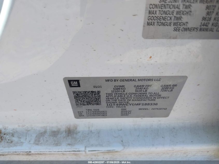 2021 GMC Sierra 3500Hd 4Wd Standard Bed Denali VIN: 1GT49WEY0MF188336 Lot: 42652257