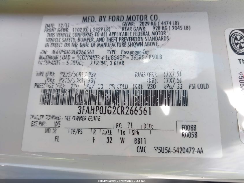 2012 Ford Fusion Sel VIN: 3FAHP0JG2CR266561 Lot: 42652326