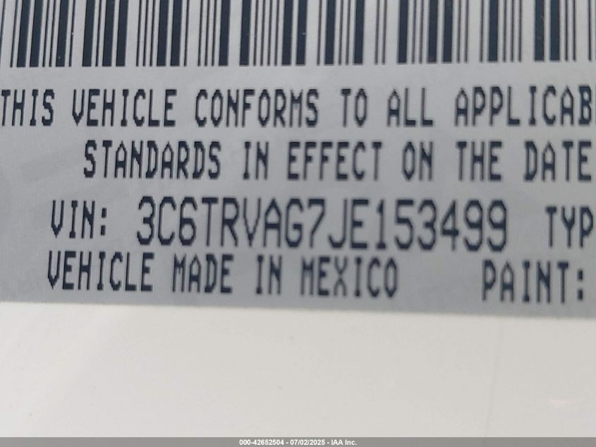 2018 Ram Promaster 1500 Low Roof 136 Wb VIN: 3C6TRVAG7JE153499 Lot: 42652504
