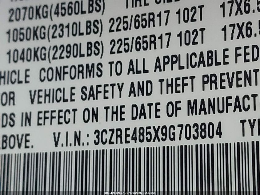 2009 Honda Cr-V Ex VIN: 3CZRE485X9G703804 Lot: 42652627