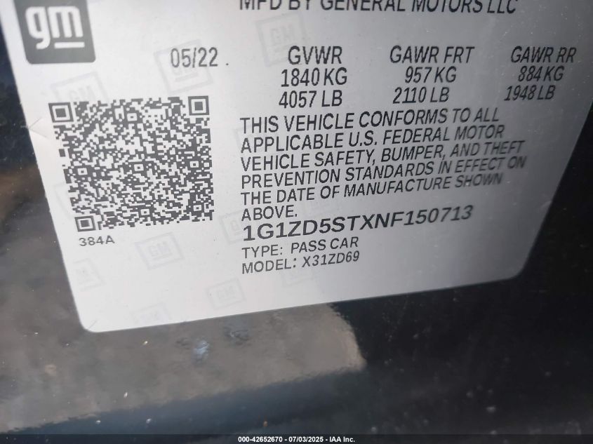 2022 Chevrolet Malibu Fwd Lt VIN: 1G1ZD5STXNF150713 Lot: 42652670