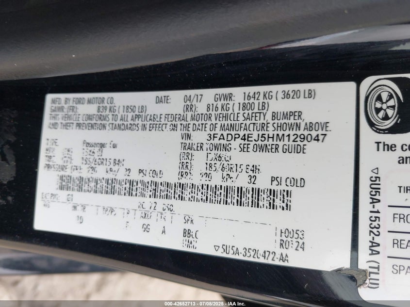 VIN 3FADP4EJ5HM129047 2017 FORD FIESTA SE