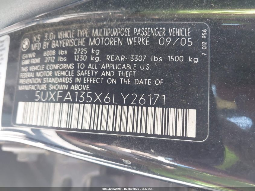2006 BMW X5 3.0I VIN: 5UXFA135X6LY26171 Lot: 42652899