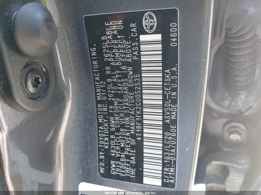 2012 TOYOTA CAMRY VIN: 4T1BF1FK2CU052535