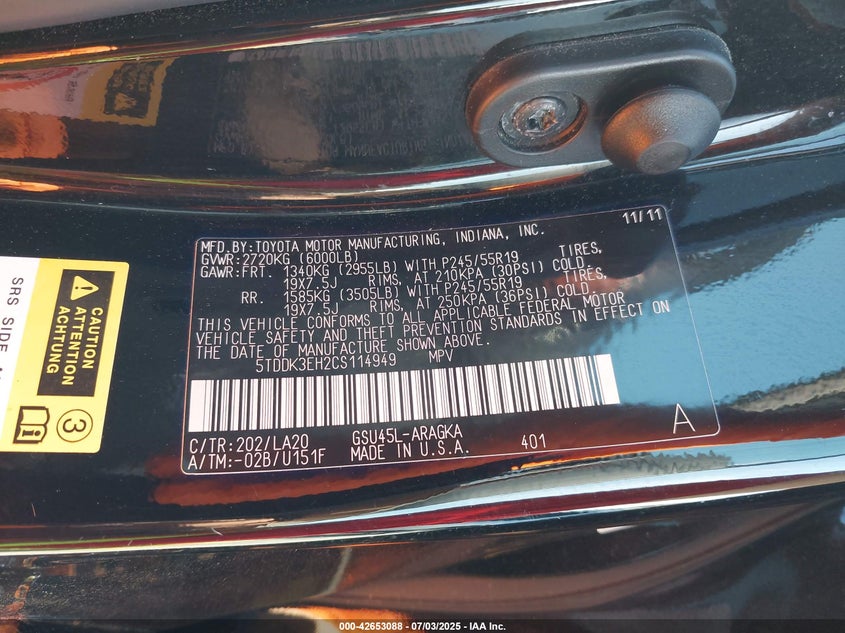 2012 TOYOTA HIGHLANDER VIN: 5TDDK3EH2CS114949