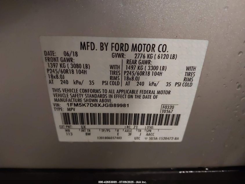 2018 Ford Explorer Xlt VIN: 1FM5K7D8XJGB89981 Lot: 42653089