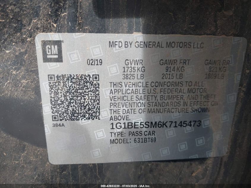 2019 Chevrolet Cruze Lt VIN: 1G1BE5SM6K7145473 Lot: 42653220