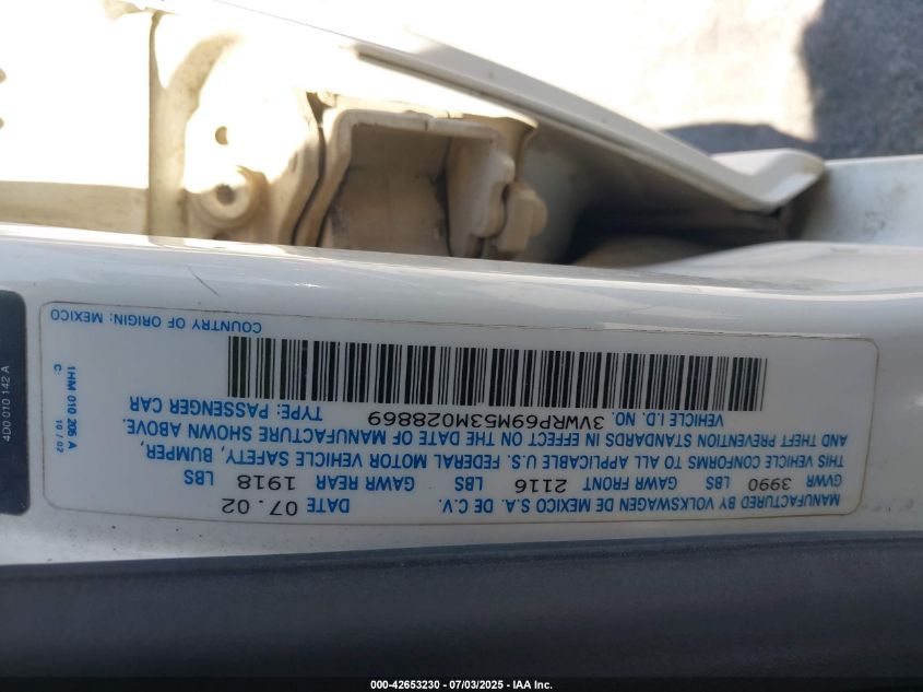 2003 Volkswagen Jetta Gl VIN: 3VWRE69M53M028869 Lot: 42653230