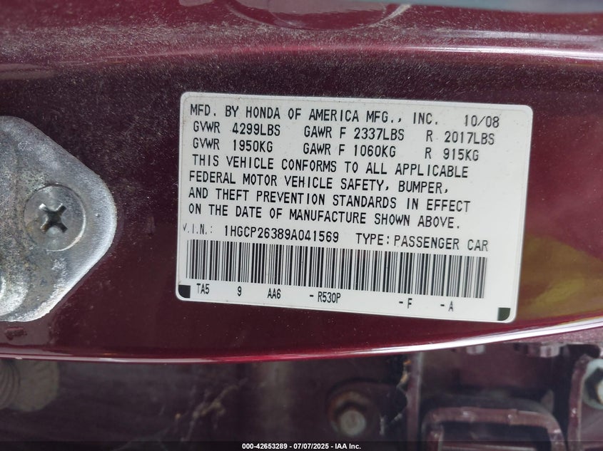 2009 HONDA ACCORD VIN: 1HGCP26389A041569