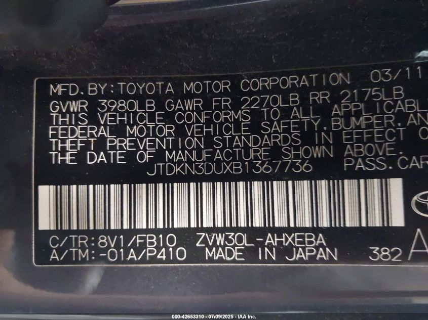 2011 Toyota Prius Two VIN: JTDKN3DUXB1367736 Lot: 42653310