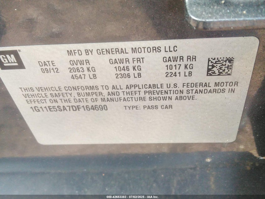 2013 CHEVROLET MALIBU VIN: 1G11E5SA7DF164690