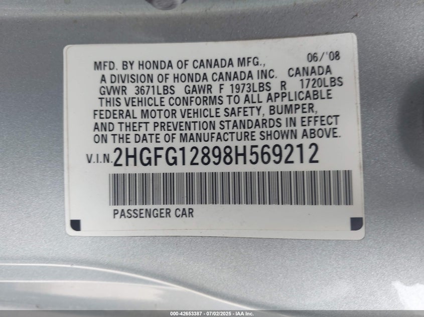 2008 HONDA CIVIC VIN: 2HGFG12898H569212