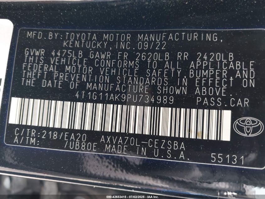 2023 Toyota Camry Se VIN: 4T1G11AK9PU734989 Lot: 42653415