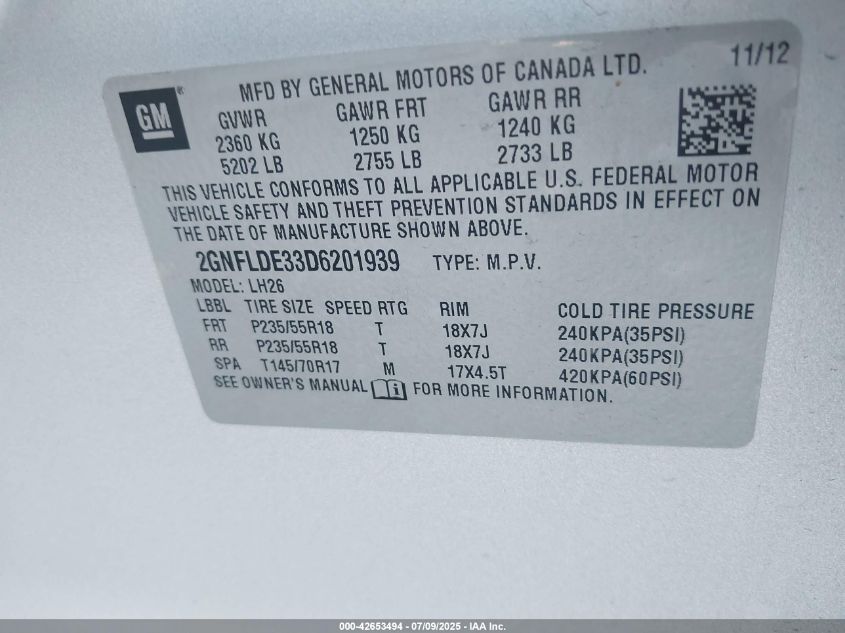 2013 Chevrolet Equinox 1Lt VIN: 2GNFLDE33D6201939 Lot: 42653494