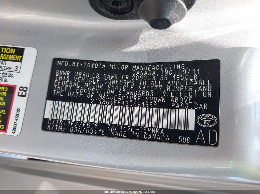 2011 Toyota Corolla Le VIN: 2T1BU4EE4BC691566 Lot: 42653534