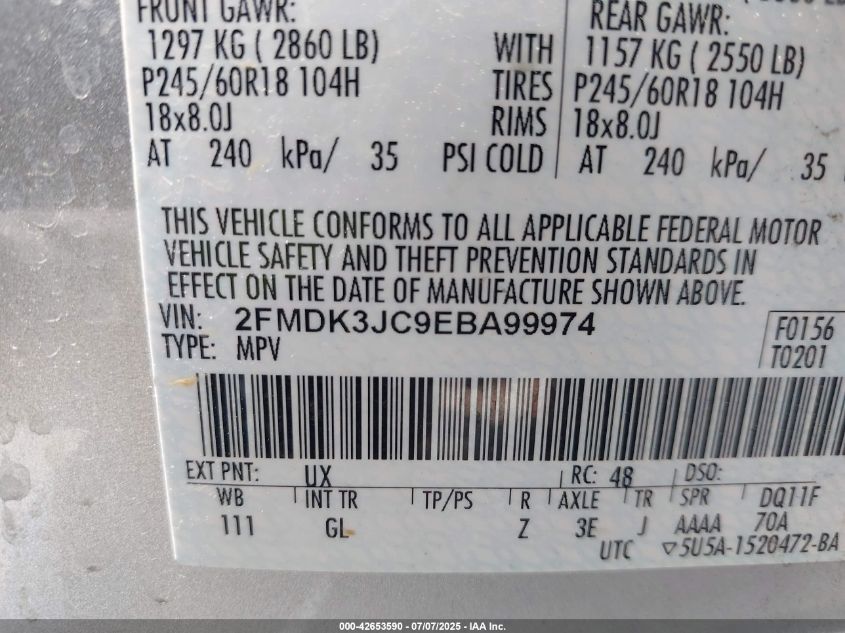 2014 Ford Edge Sel VIN: 2FMDK3JC9EBA99974 Lot: 42653590