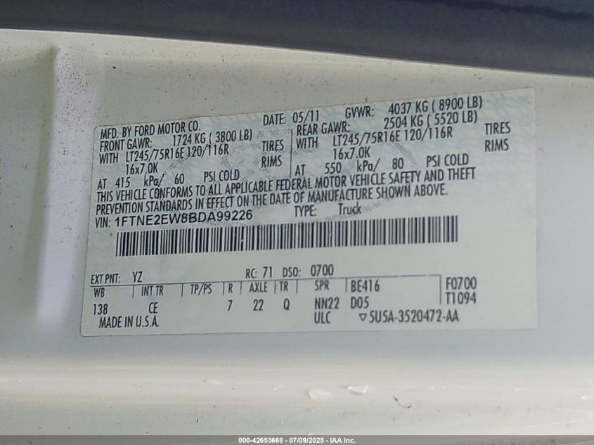2011 Ford E-250 Commercial VIN: 1FTNE2EW8BDA99226 Lot: 42653668