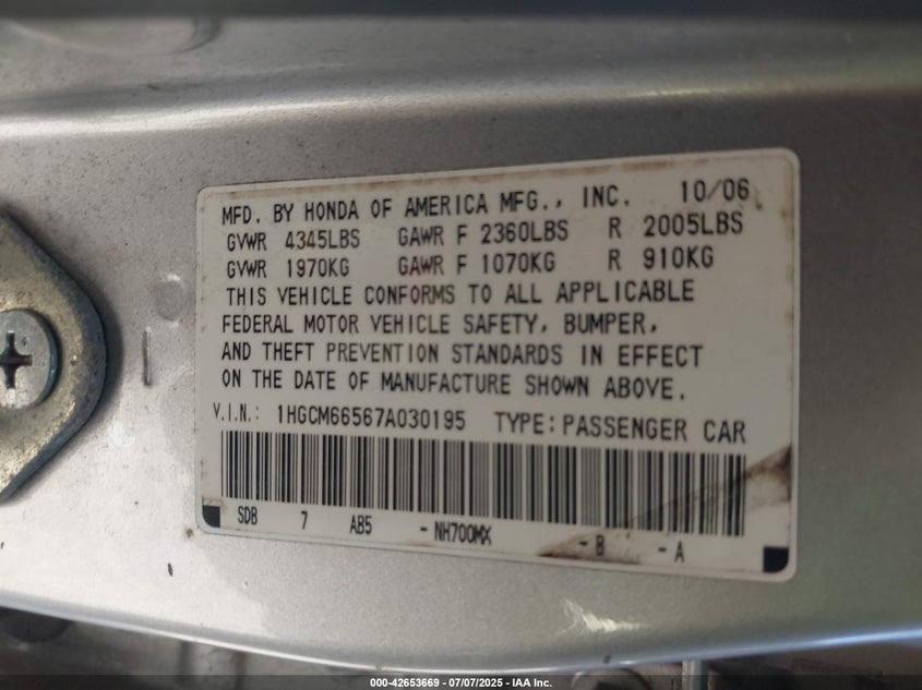 2007 HONDA ACCORD VIN: 1HGCM66567A030195