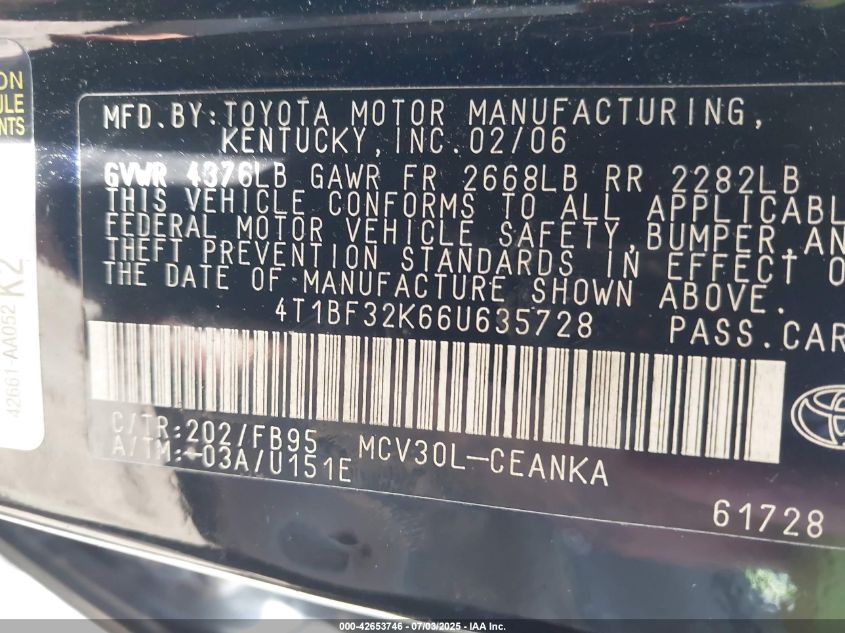 2006 Toyota Camry Le V6/Xle V6 VIN: 4T1BF32K664635728 Lot: 42653746