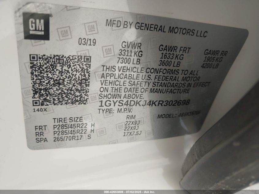 2019 Cadillac Escalade Platinum VIN: 1GYS4DKJ4KR302698 Lot: 42653806