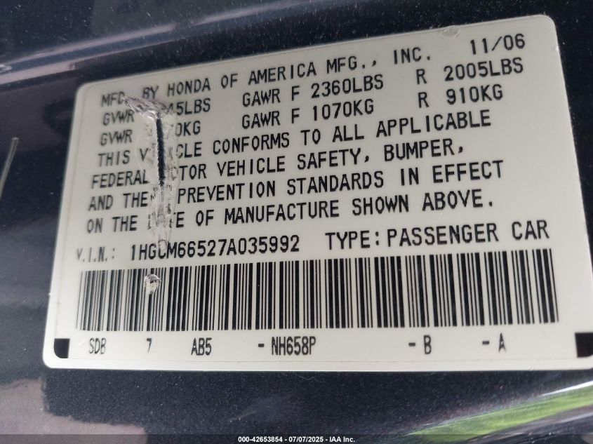 2007 Honda Accord 3.0 Ex VIN: 1HGCM66527A035992 Lot: 42653854