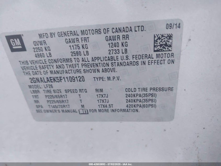 2015 CHEVROLET EQUINOX VIN: 2GNALAEK5F1109120