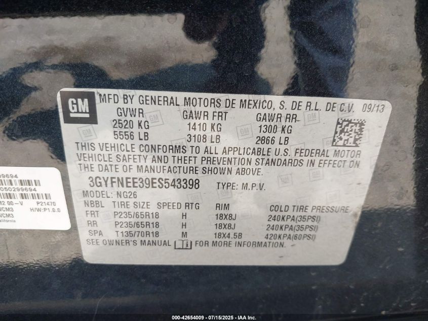 2014 Cadillac Srx Luxury Collection VIN: 3GYFNEE39ES543398 Lot: 42654009