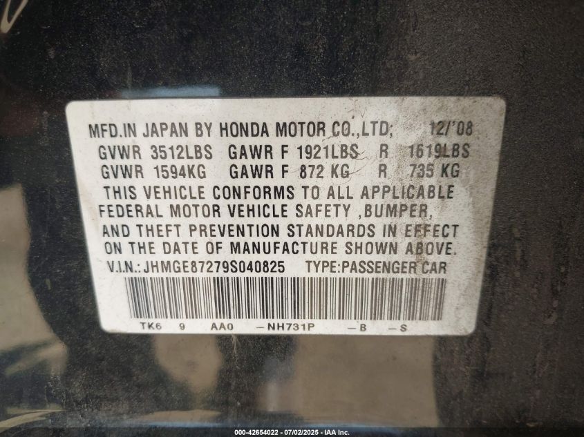 2009 Honda Fit VIN: JHMGE87279S040825 Lot: 42654022