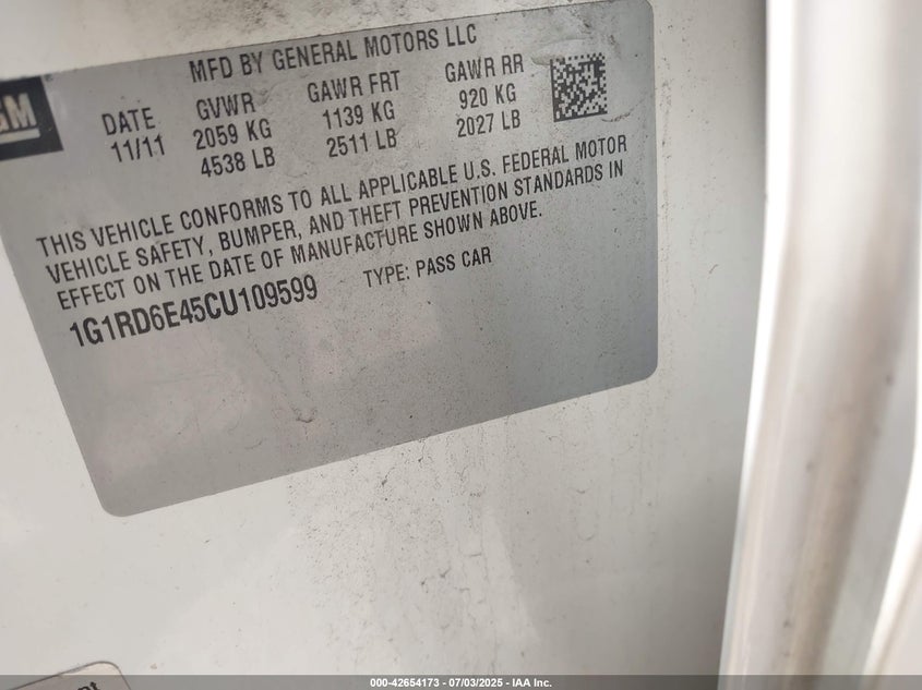 2012 CHEVROLET VOLT VIN: 1G1RD6E45CU109599