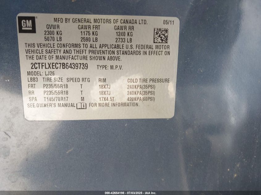 2011 GMC Terrain Slt-2 VIN: 2CTFLXEC7B6439739 Lot: 42654198