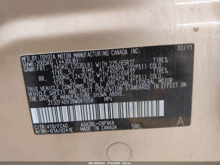 2011 Toyota Rav4 VIN: 2T3ZF4DV3BW08105 Lot: 42654253