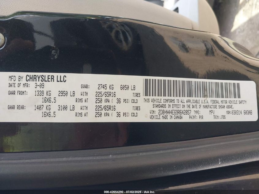 2009 Dodge Grand Caravan Se VIN: 2D8HN44E69R642857 Lot: 42654290