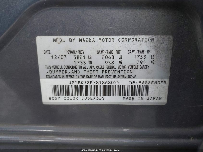 2008 Mazda Mazda3 I VIN: JM1BK32F781868055 Lot: 42654425