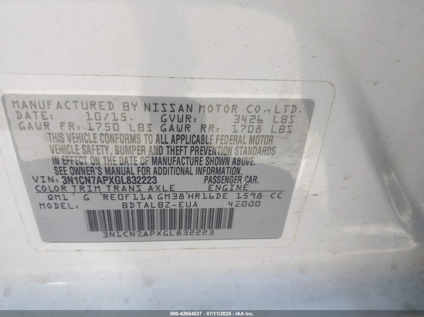 2016 NISSAN VERSA VIN: 3N1CN7APXGL832223