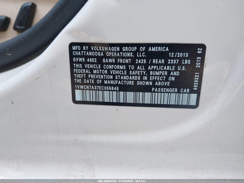 1VWCN7A37EC055645 2014 VOLKSWAGEN PASSAT photo no. 9