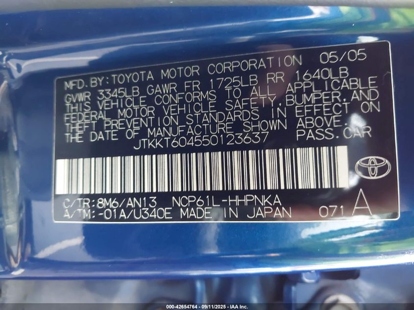 2005 Scion Xa VIN: JTKKT604550123637 Lot: 42654764