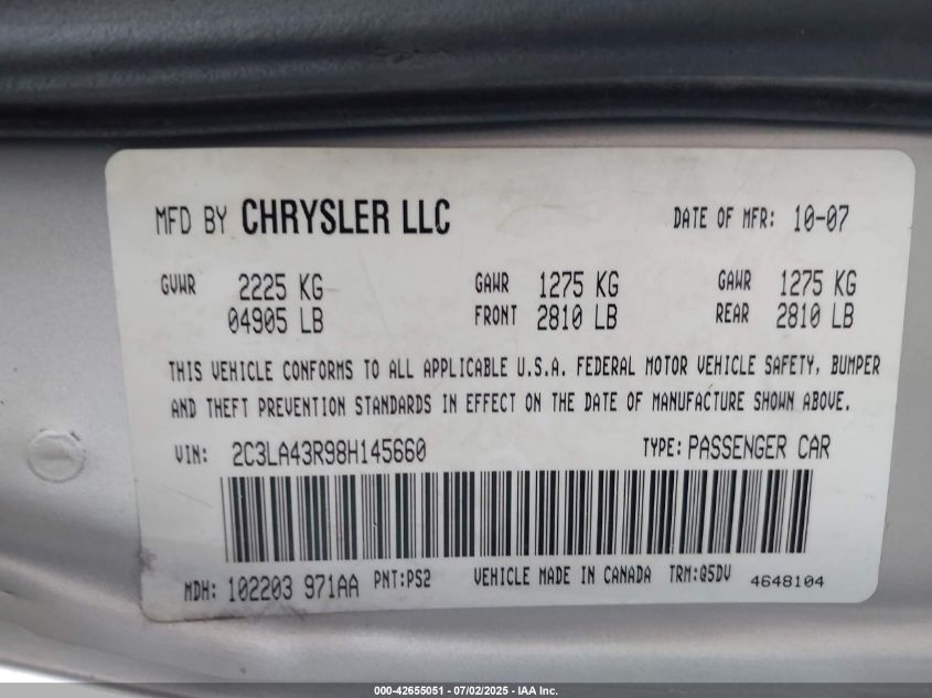 2008 Chrysler 300 Lx VIN: 2C3LA43R98H145660 Lot: 42655051